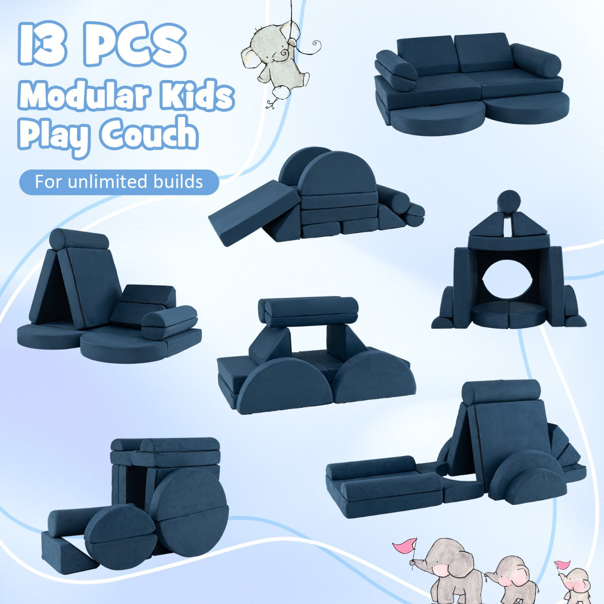 13 PCS Modular Kids Play Couch for Nursery Playroom Bedroom Living Room-Blue