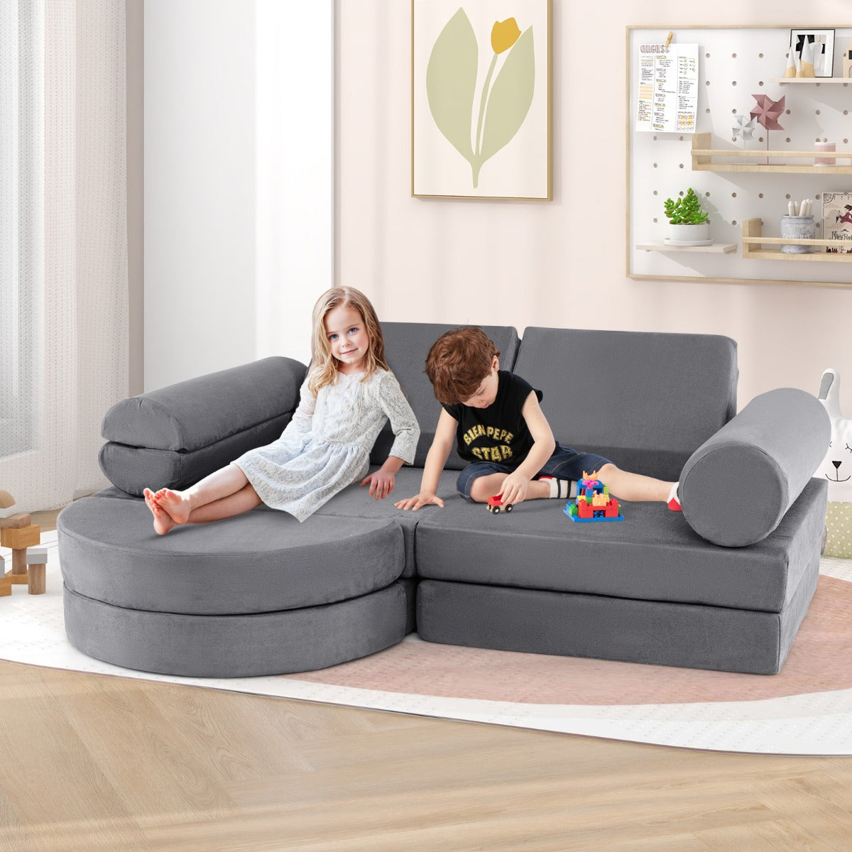 13 PCS Modular Kids Play Couch for Nursery Playroom Bedroom Living Room-Grey