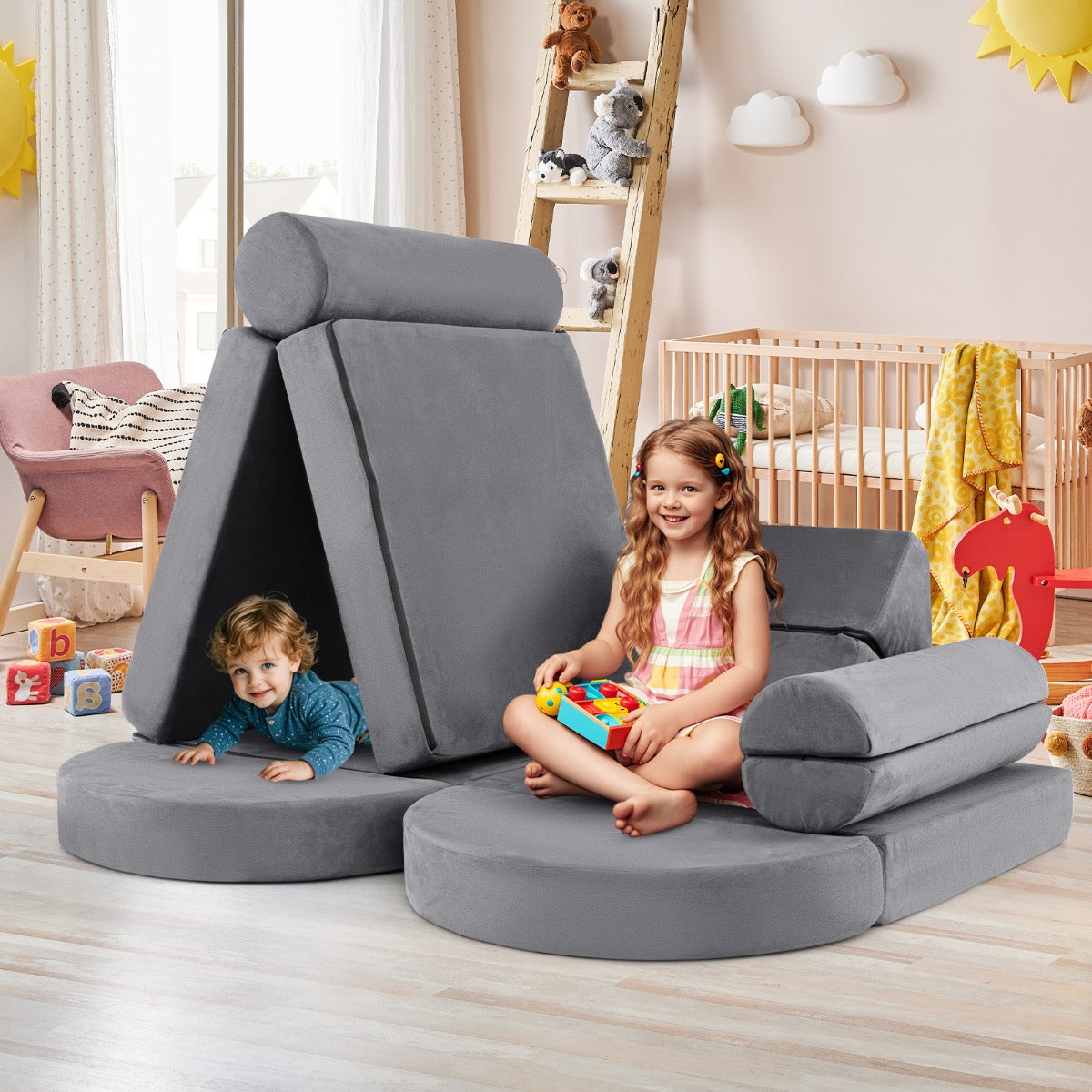 13 PCS Modular Kids Play Couch for Nursery Playroom Bedroom Living Room-Grey