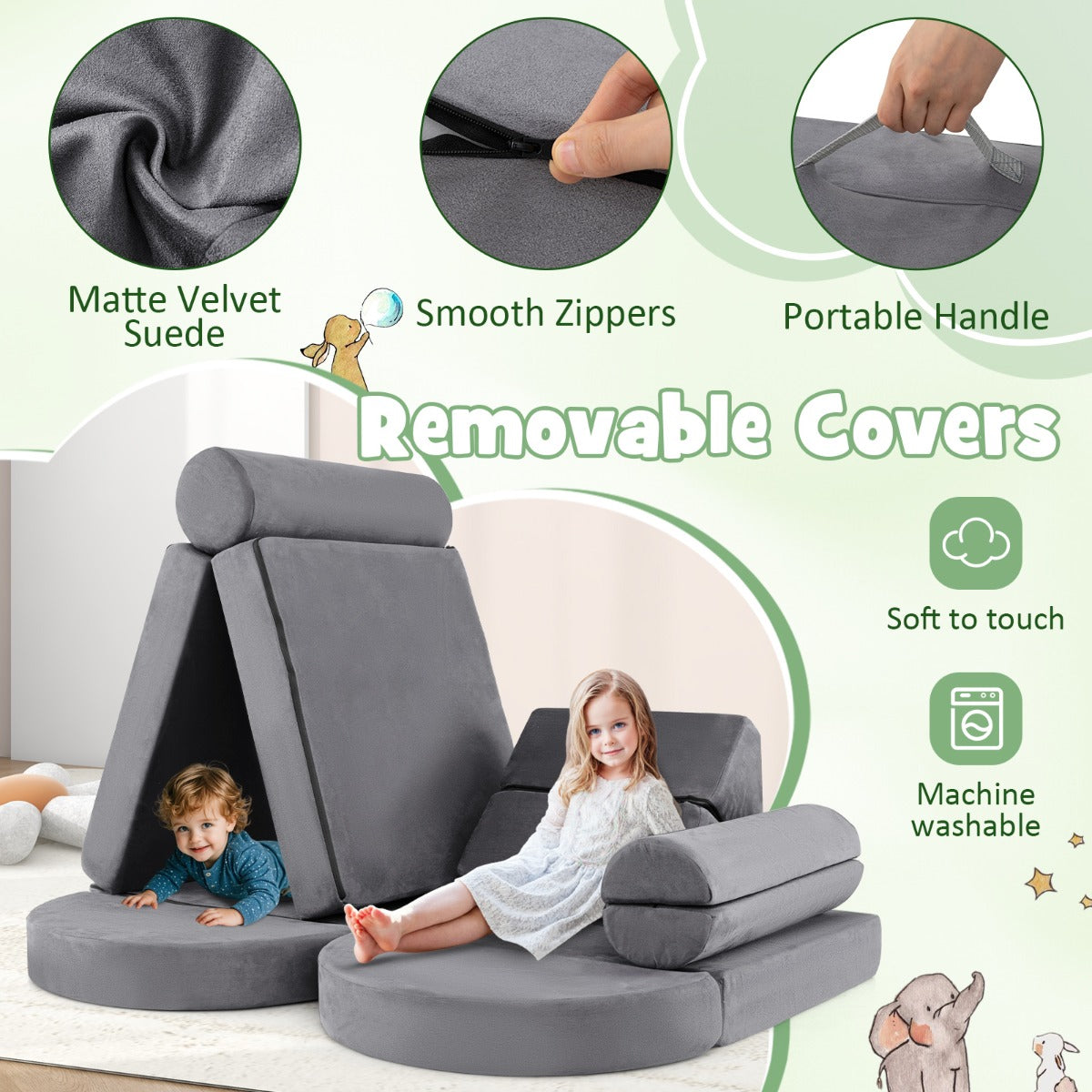 13 PCS Modular Kids Play Couch for Nursery Playroom Bedroom Living Room-Grey