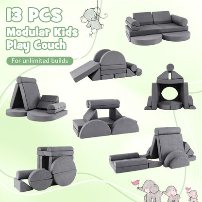 13 PCS Modular Kids Play Couch for Nursery Playroom Bedroom Living Room-Grey