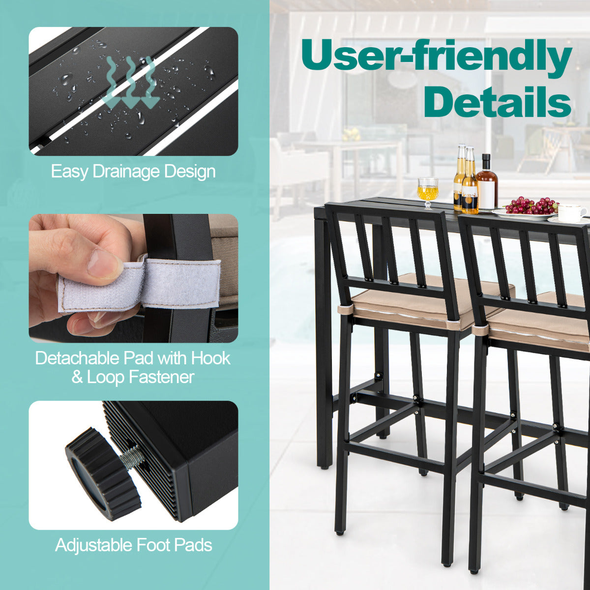 140 cm Rectangular Counter Height Hot Tub Table and 2 Bar Stools with Cushions-Black