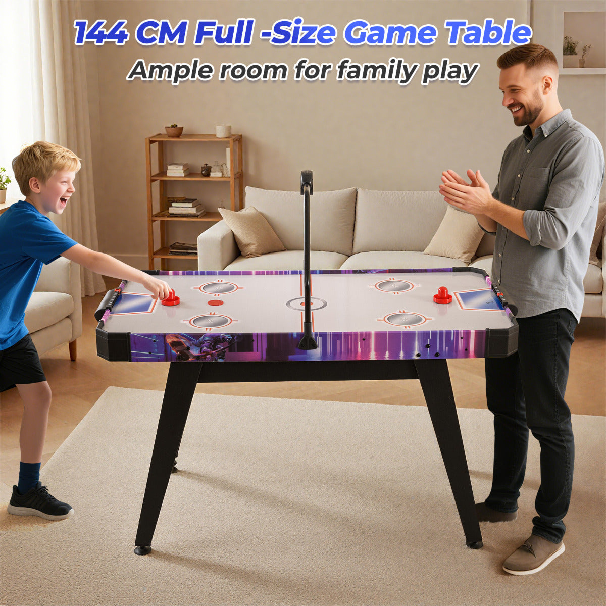 145 CM Air Hockey Table with Powerful 12V Motor and LED Digital Scoreboard-White