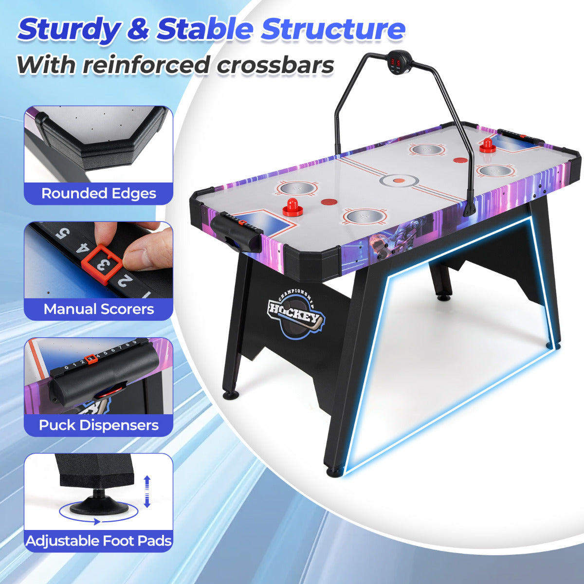 145 CM Air Hockey Table with Powerful 12V Motor and LED Digital Scoreboard-White