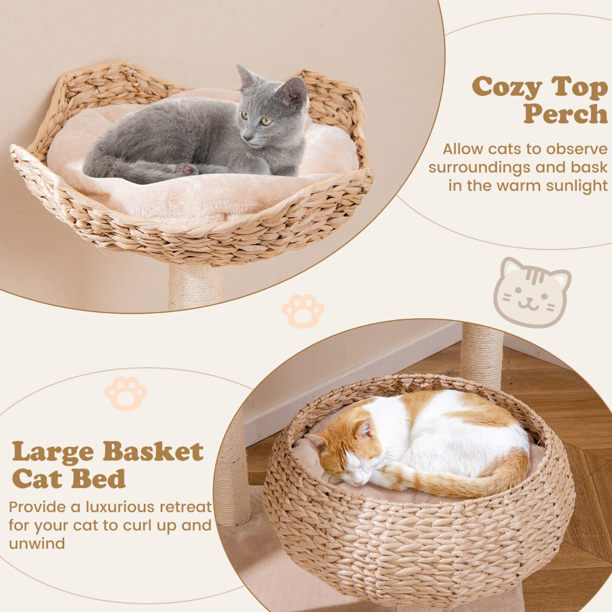 Costway 146cm Cattail Cat Tower with Sisal Scratching Posts Perch-Beige