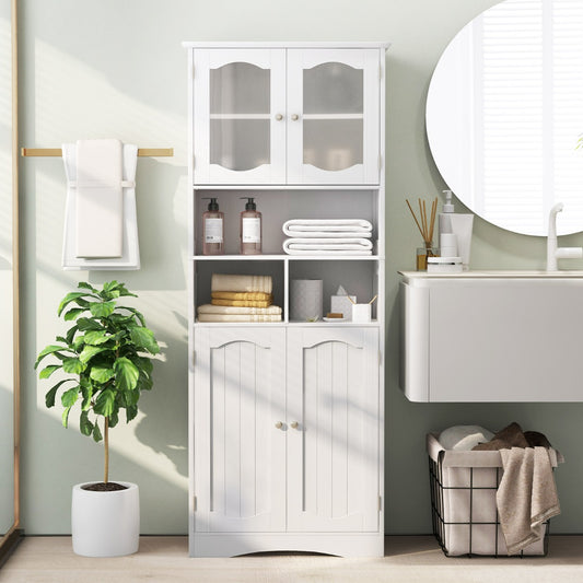Costway 149cm Tall Bathroom Storage Cabinet with Frost Glass Doors and Shelves-White