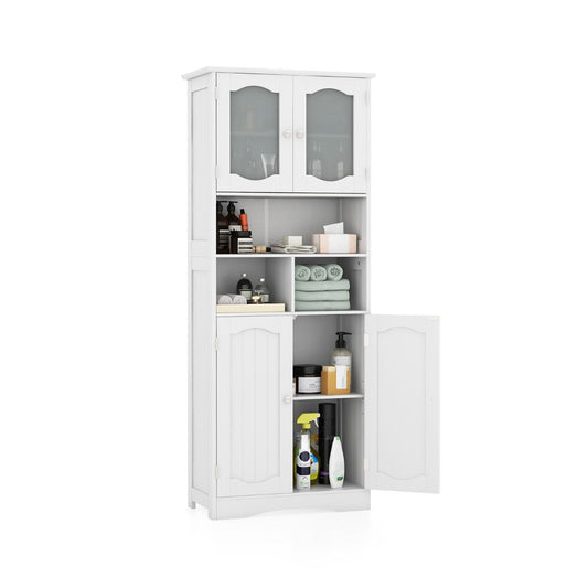 Tall white bathroom cabinet with tempered frosted glass doors adds privacy and elegant storage