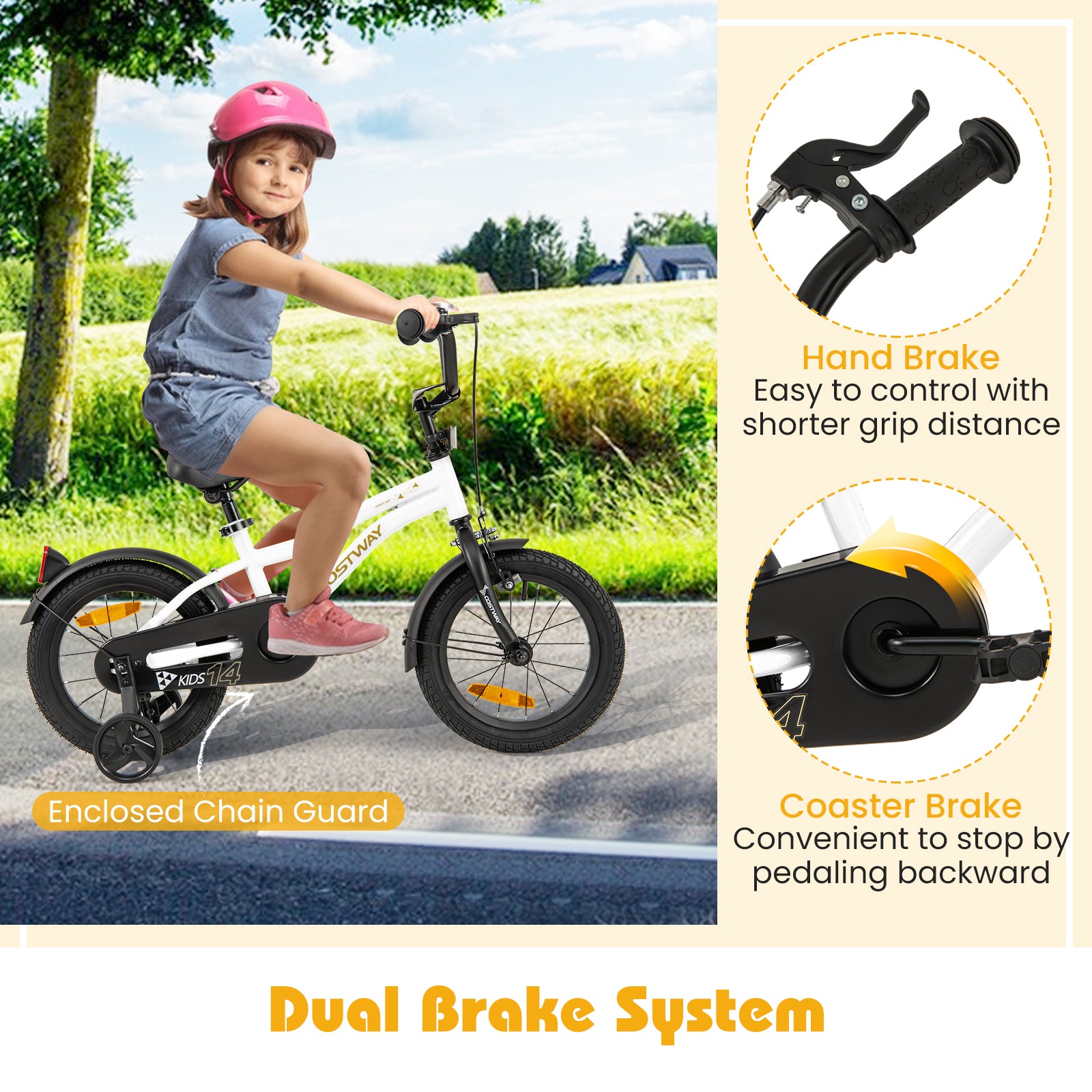 14 Inch Kids Bike Adjustable with Removable Training Wheels for Aged 3-5-White