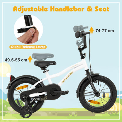 14 Inch Kids Bike Adjustable with Removable Training Wheels for Aged 3-5-White