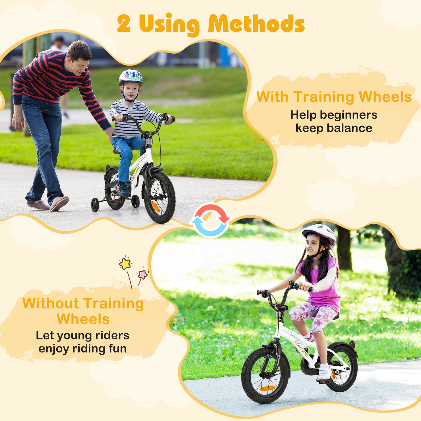 14 Inch Kids Bike Adjustable with Removable Training Wheels for Aged 3-5-White