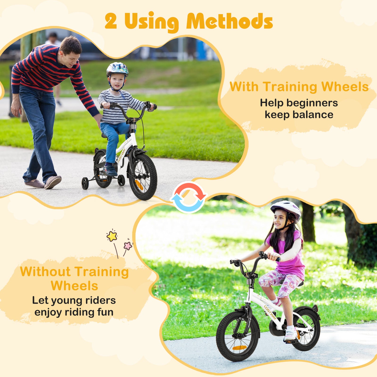 14 Inch Kids Bike Adjustable with Removable Training Wheels for Aged 3-5-White