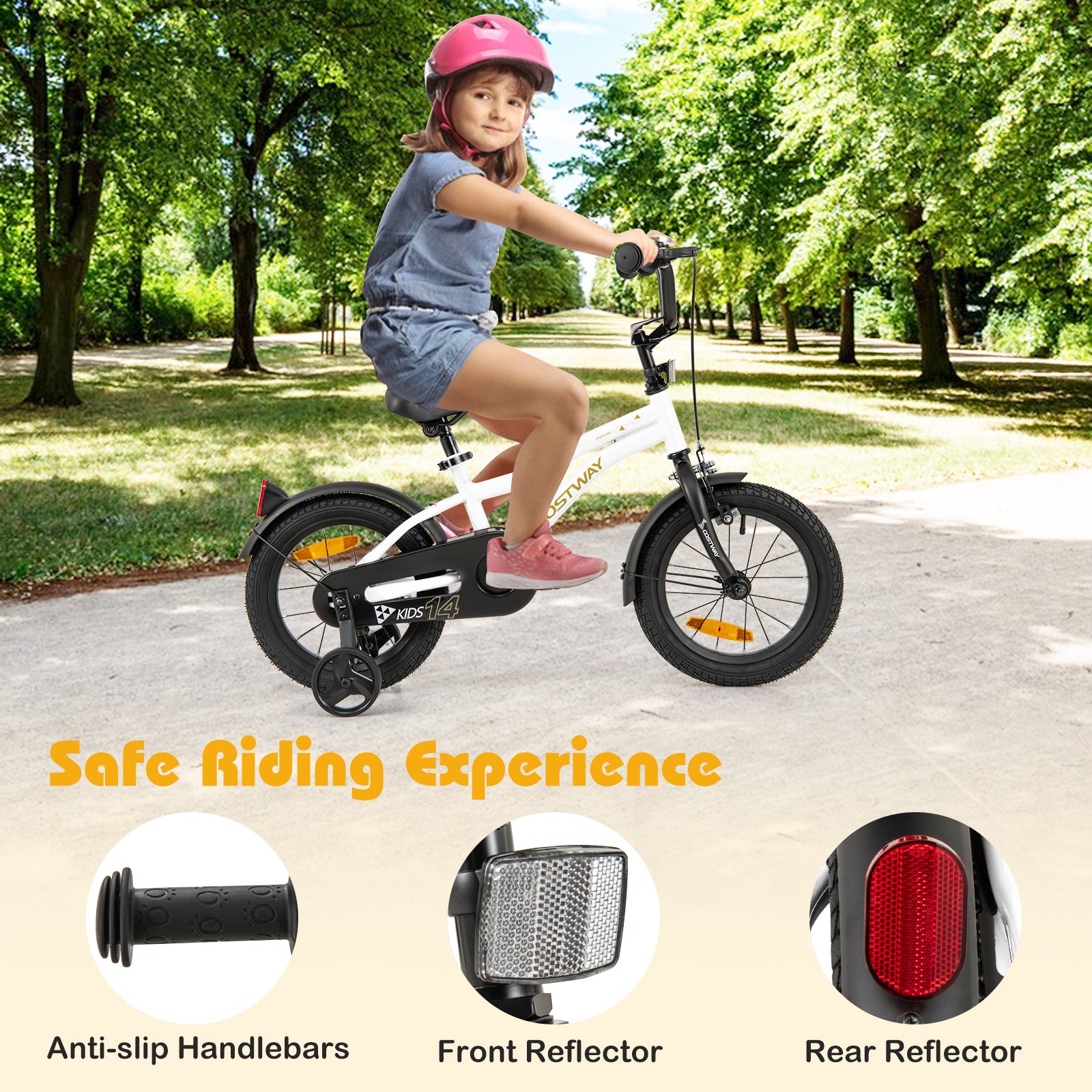 14 Inch Kids Bike Adjustable with Removable Training Wheels for Aged 3-5-White