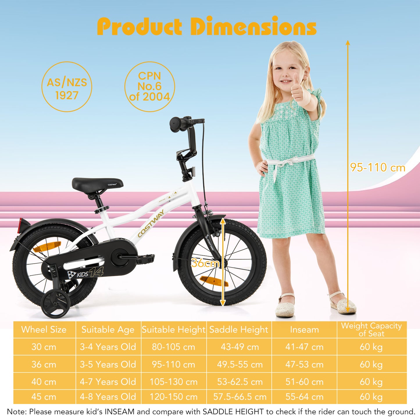 14 Inch Kids Bike Adjustable with Removable Training Wheels for Aged 3-5-White