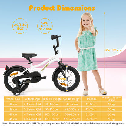 14 Inch Kids Bike Adjustable with Removable Training Wheels for Aged 3-5-White