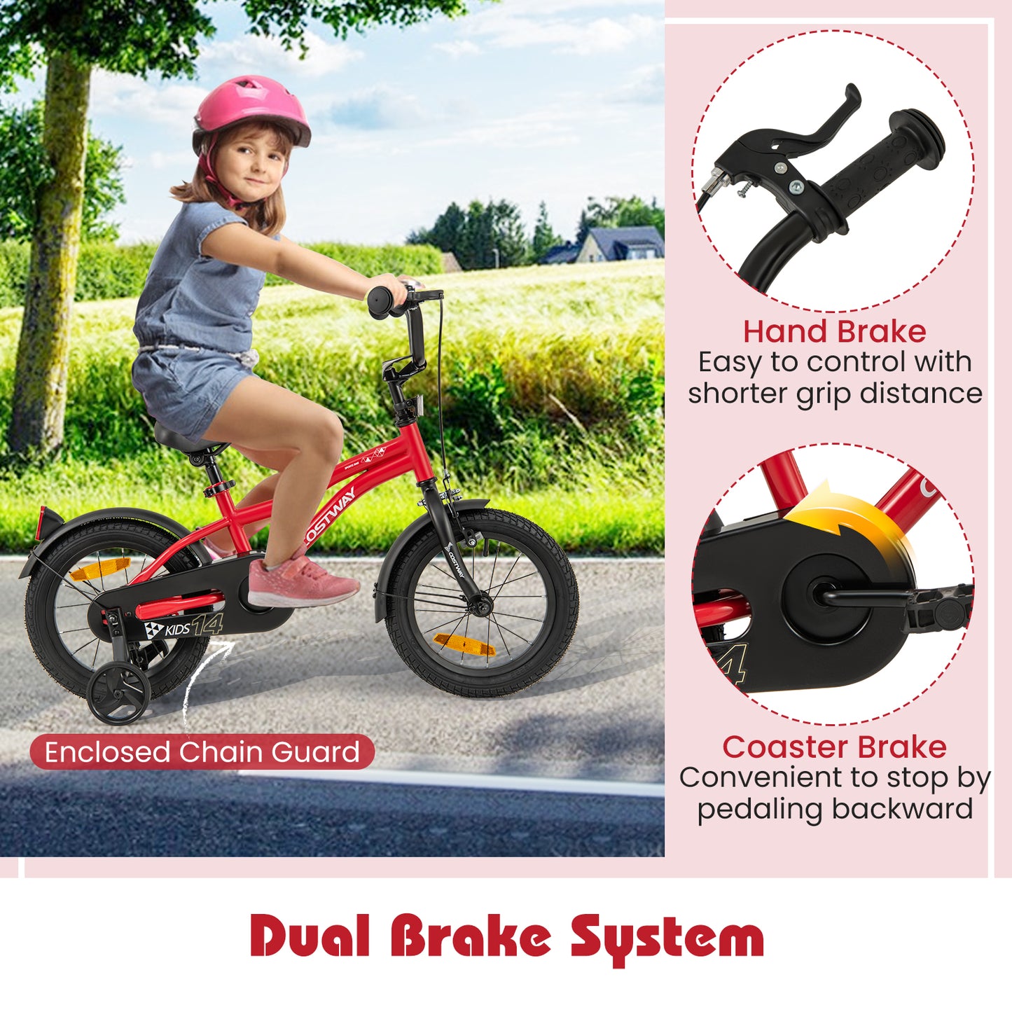 14 Inch Kids Bike Adjustable with Removable Training Wheels for Aged 3-5-Red