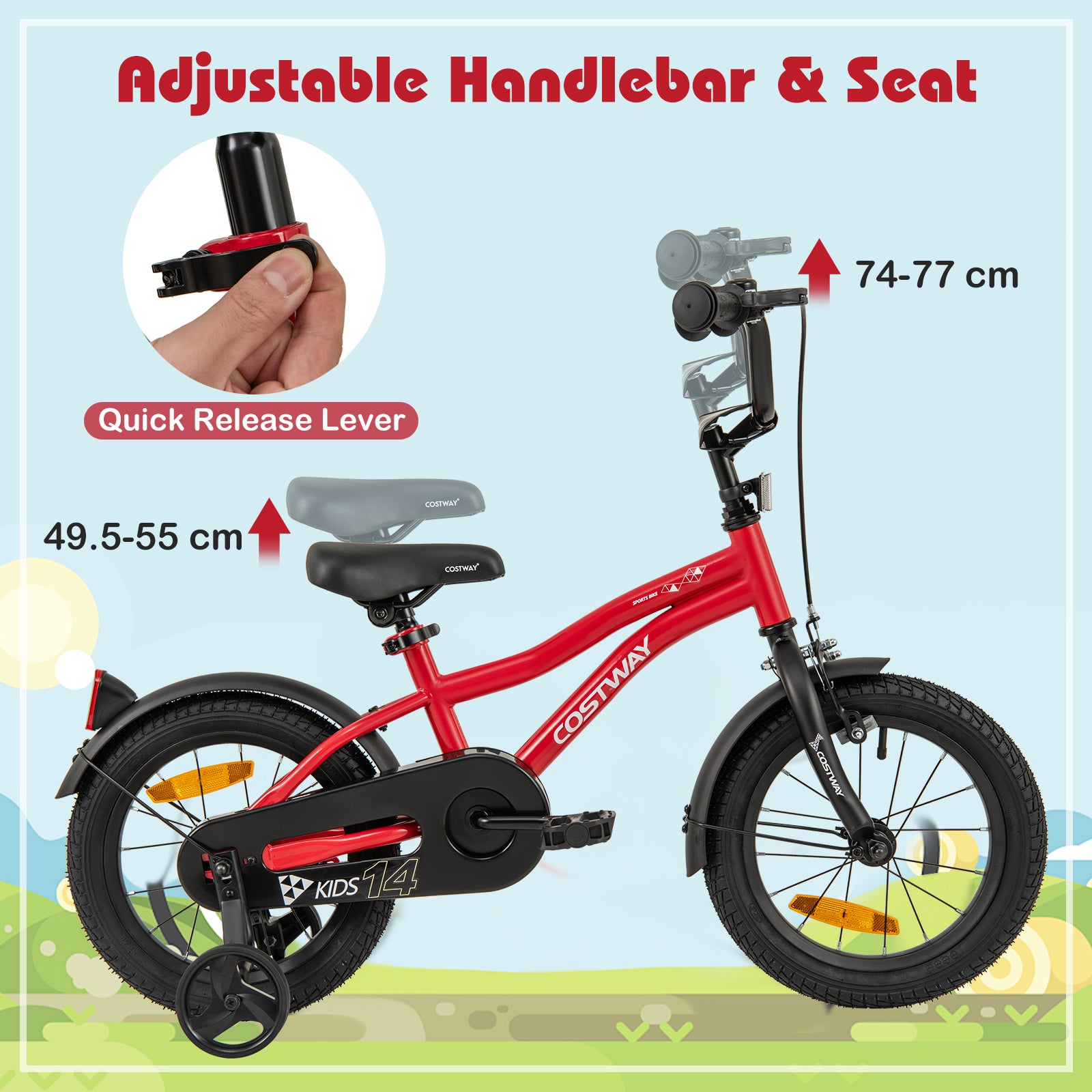 14 Inch Kids Bike Adjustable with Removable Training Wheels for Aged 3-5-Red