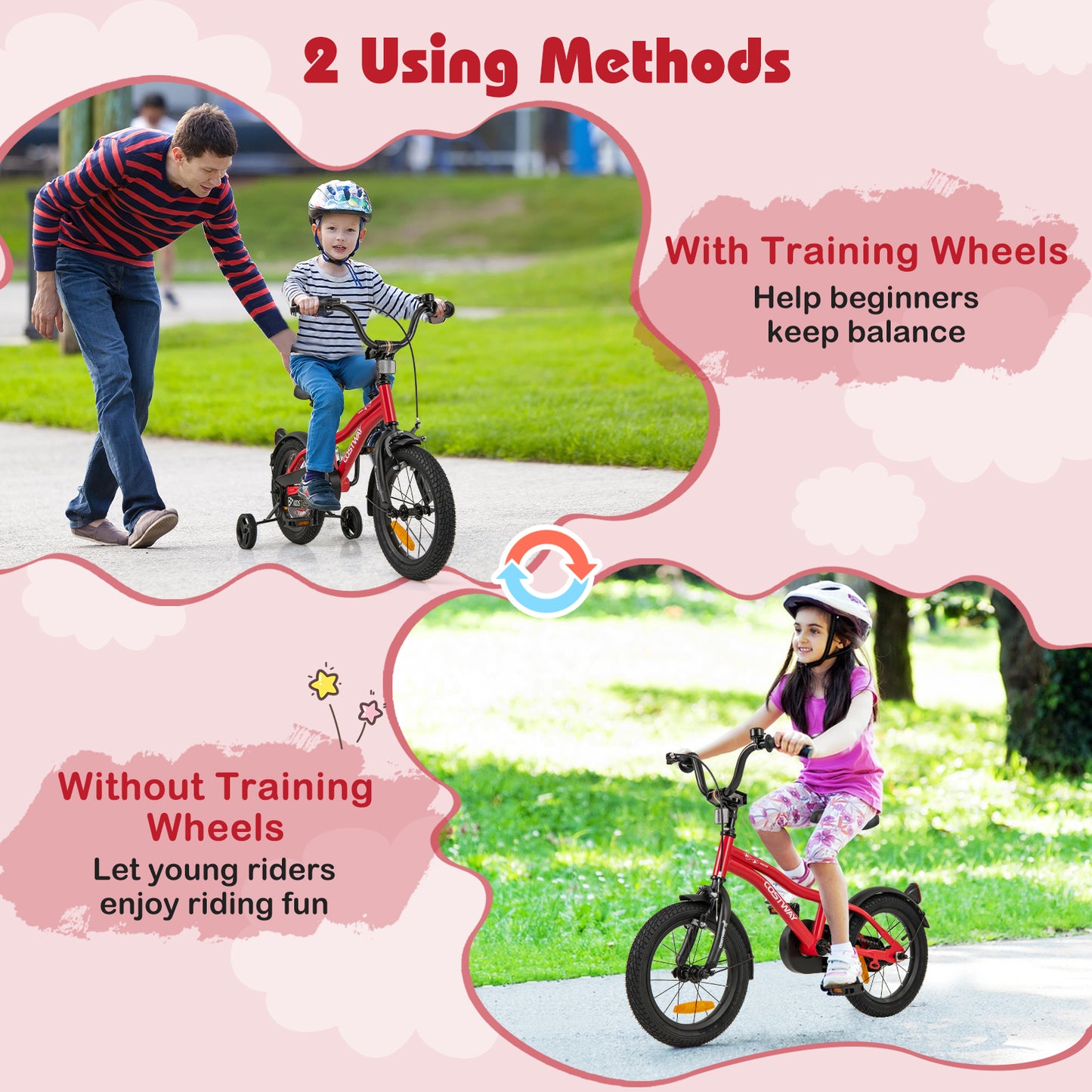 14 Inch Kids Bike Adjustable with Removable Training Wheels for Aged 3-5-Red