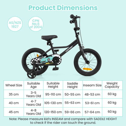 14/16/18 Inch Kids Bike with Removable Training Wheels and Adjustable Seat-Black-14 inches