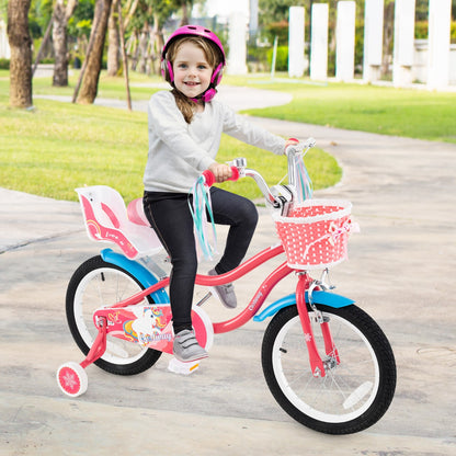 14 Inch Kids Bicycle with Training Wheels and Front Handbrake-Pink-16 inches
