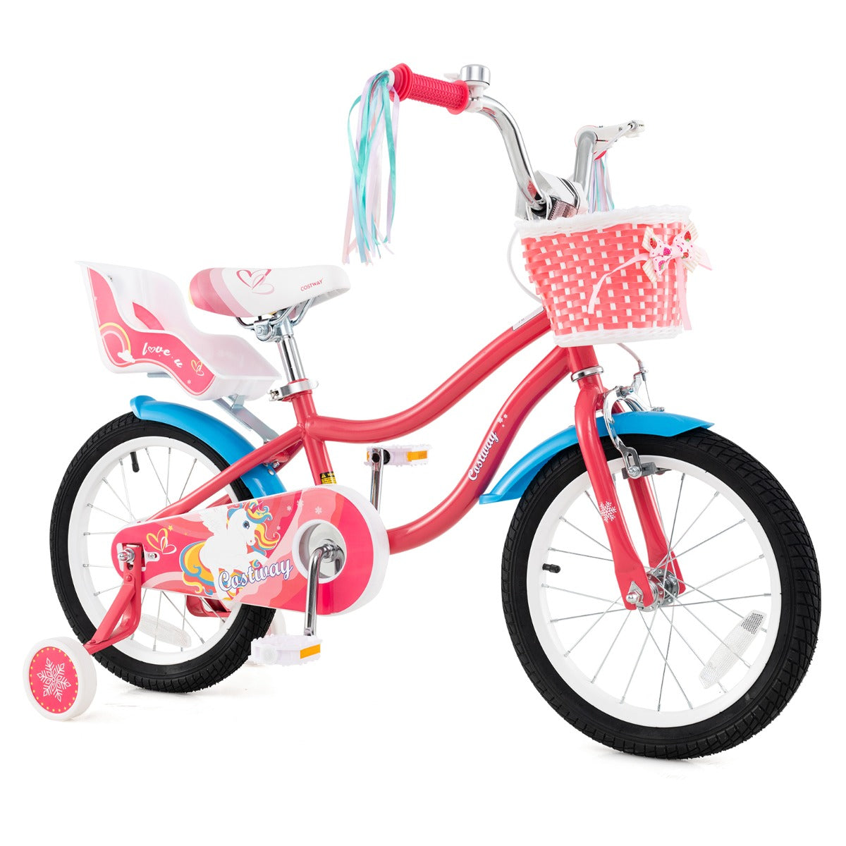 14 Inch Kids Bicycle with Training Wheels and Front Handbrake-Pink-16 inches
