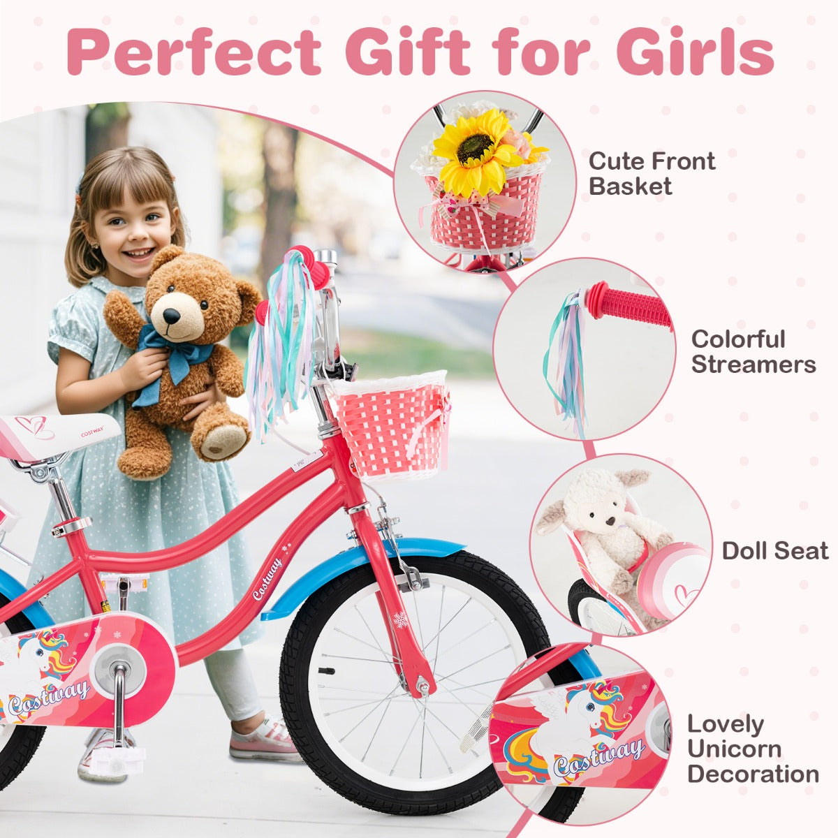 14 Inch Kids Bicycle with Training Wheels and Front Handbrake-Pink-16 inches