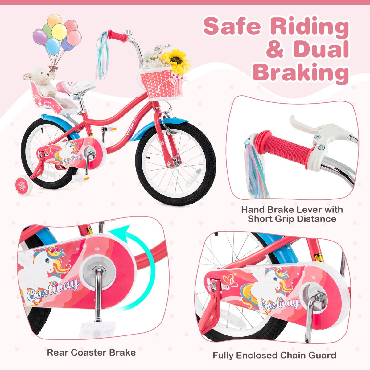 14 Inch Kids Bicycle with Training Wheels and Front Handbrake-Pink-16 inches