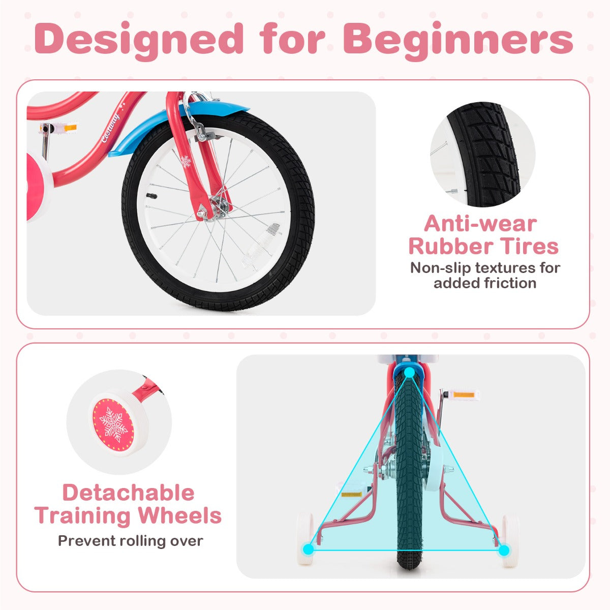 14 Inch Kids Bicycle with Training Wheels and Front Handbrake-Pink-16 inches