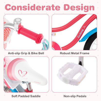 14 Inch Kids Bicycle with Training Wheels and Front Handbrake-Pink-16 inches