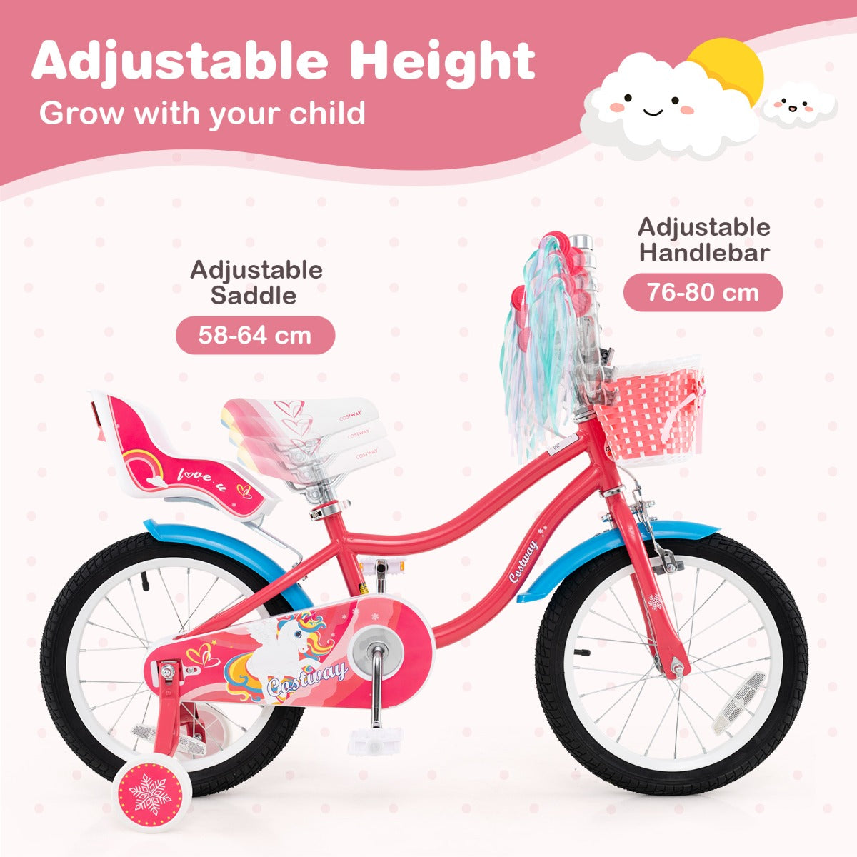 14 Inch Kids Bicycle with Training Wheels and Front Handbrake-Pink-16 inches