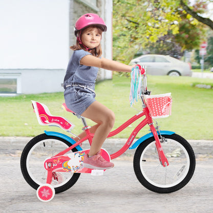 14 Inch Kids Bicycle with Training Wheels and Front Handbrake-Pink-16 inches
