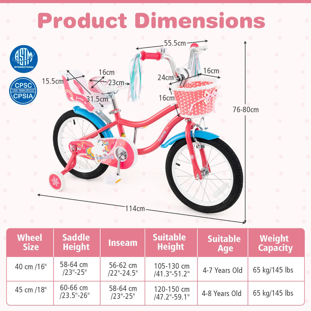 14 Inch Kids Bicycle with Training Wheels and Front Handbrake-Pink-16 inches