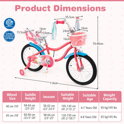 14 Inch Kids Bicycle with Training Wheels and Front Handbrake-Pink-16 inches