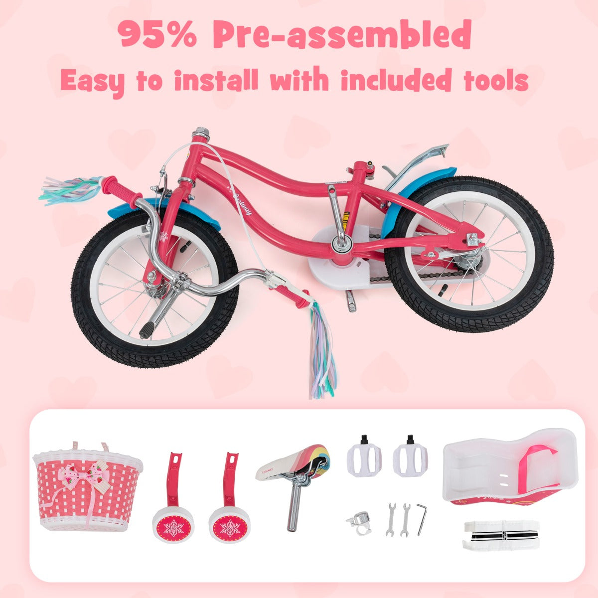 14 Inch Kids Bicycle with Training Wheels and Front Handbrake-Pink