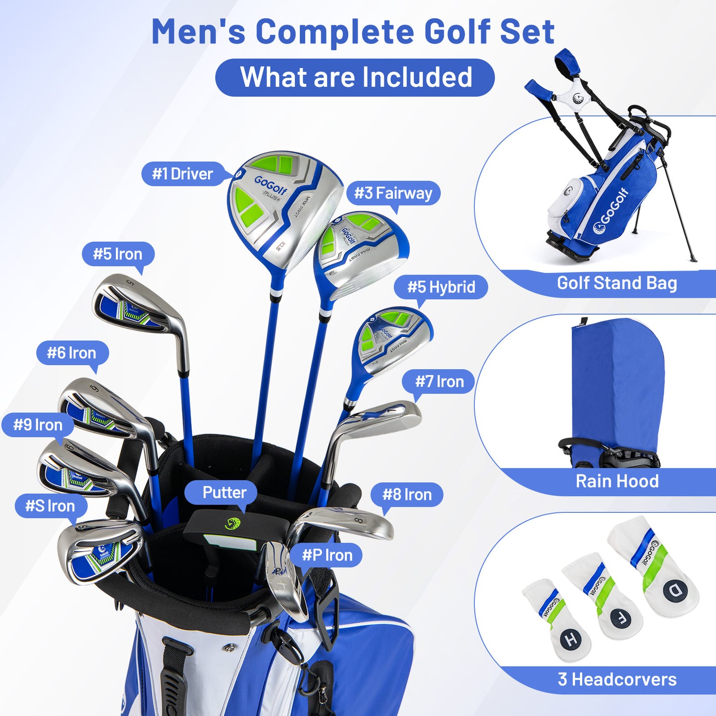 15-Piece Complete Golf Equipment Set for Beginners and Professionals-Blue