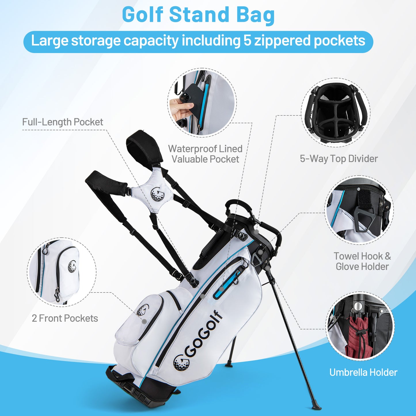 15-Piece Complete Golf Equipment Set for Beginners and Professionals-White