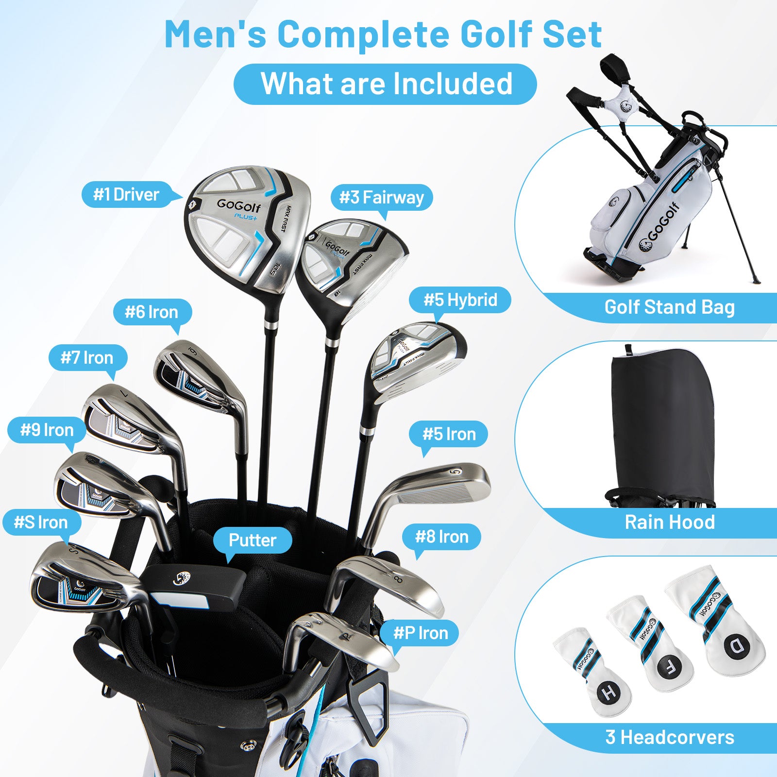 15-Piece Complete Golf Equipment Set for Beginners and Professionals-White
