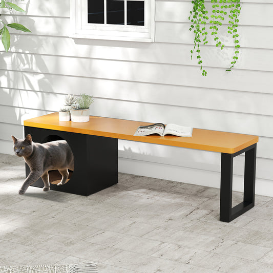 150 CM Long Outdoor Metal Bench with Cat House and 3-Person Seating-Coffee