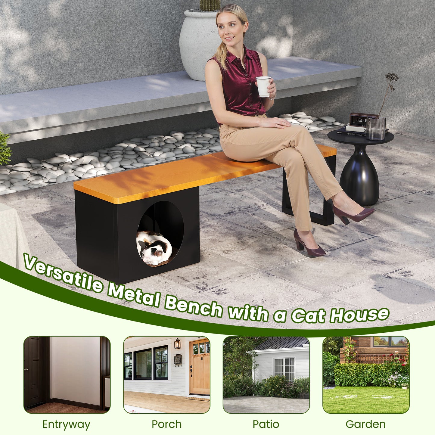 150 CM Long Outdoor Metal Bench with Cat House and 3-Person Seating-Coffee