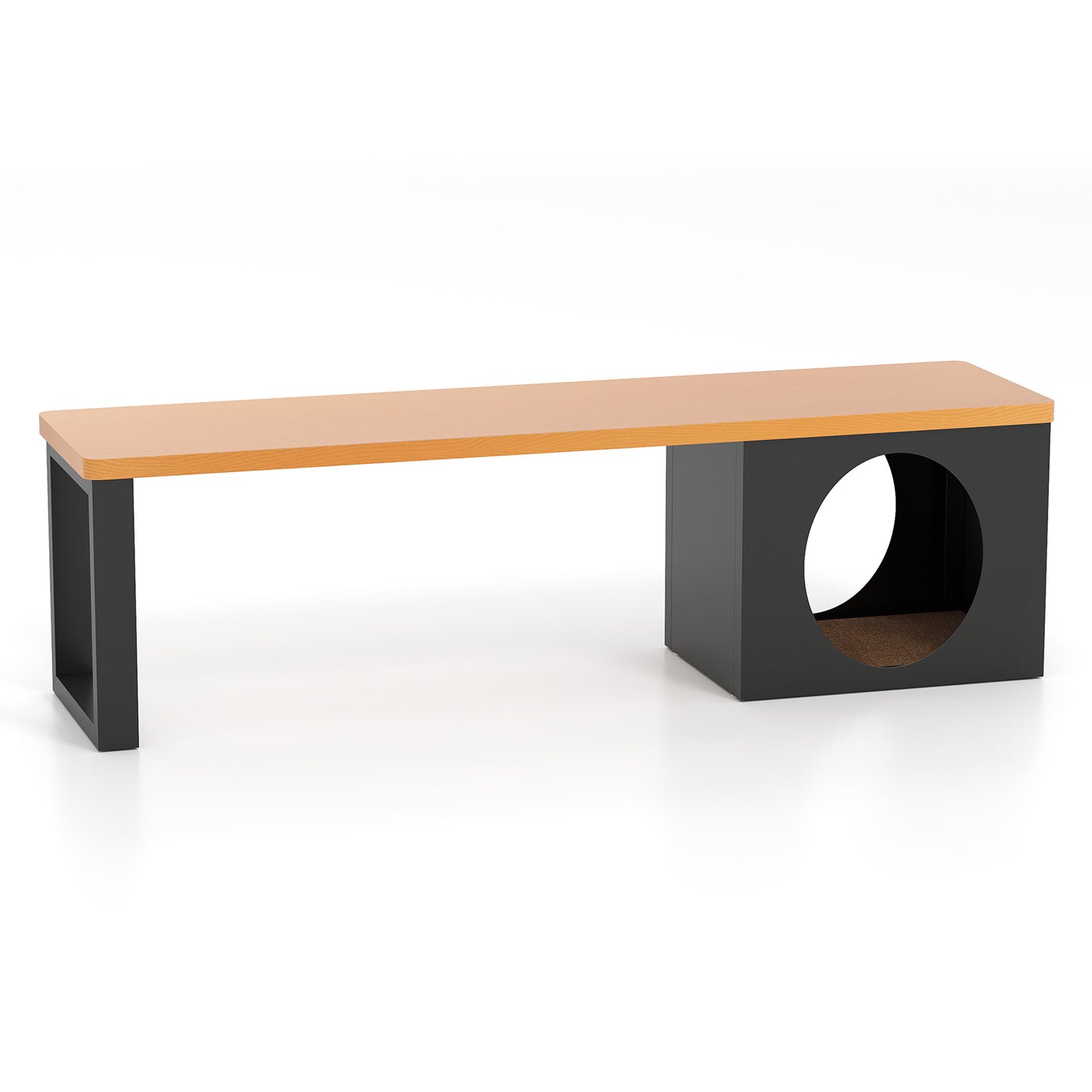 150 CM Long Outdoor Metal Bench with Cat House and 3-Person Seating-Coffee