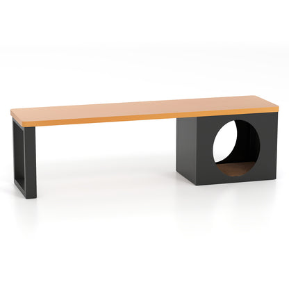 150 CM Long Outdoor Metal Bench with Cat House and 3-Person Seating-Coffee