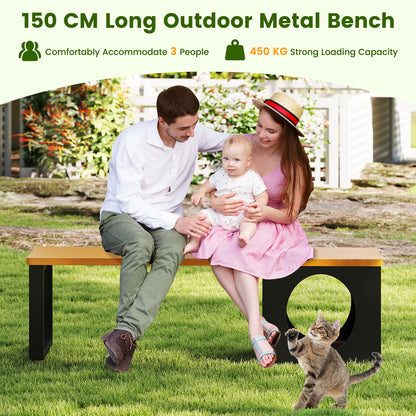 150 CM Long Outdoor Metal Bench with Cat House and 3-Person Seating-Coffee