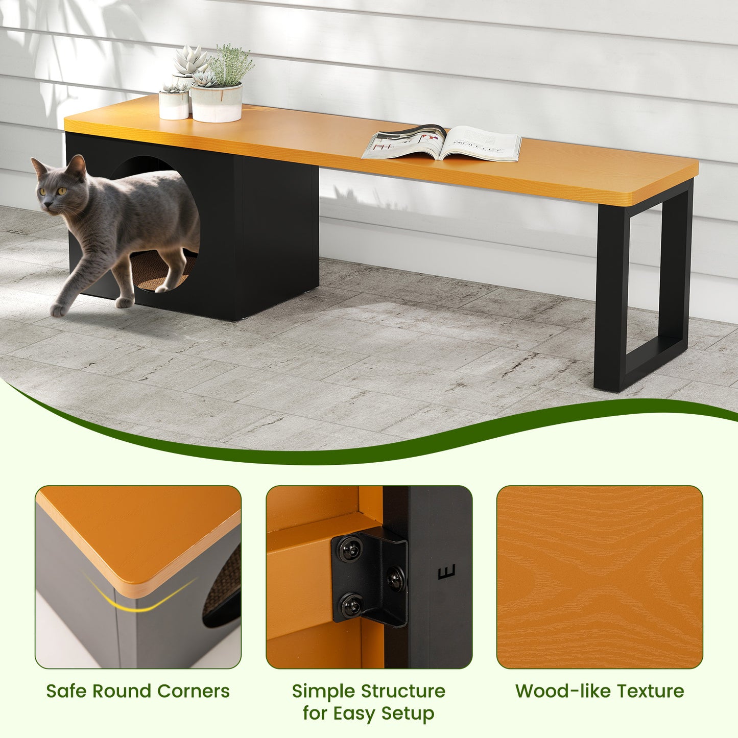 150 CM Long Outdoor Metal Bench with Cat House and 3-Person Seating-Coffee