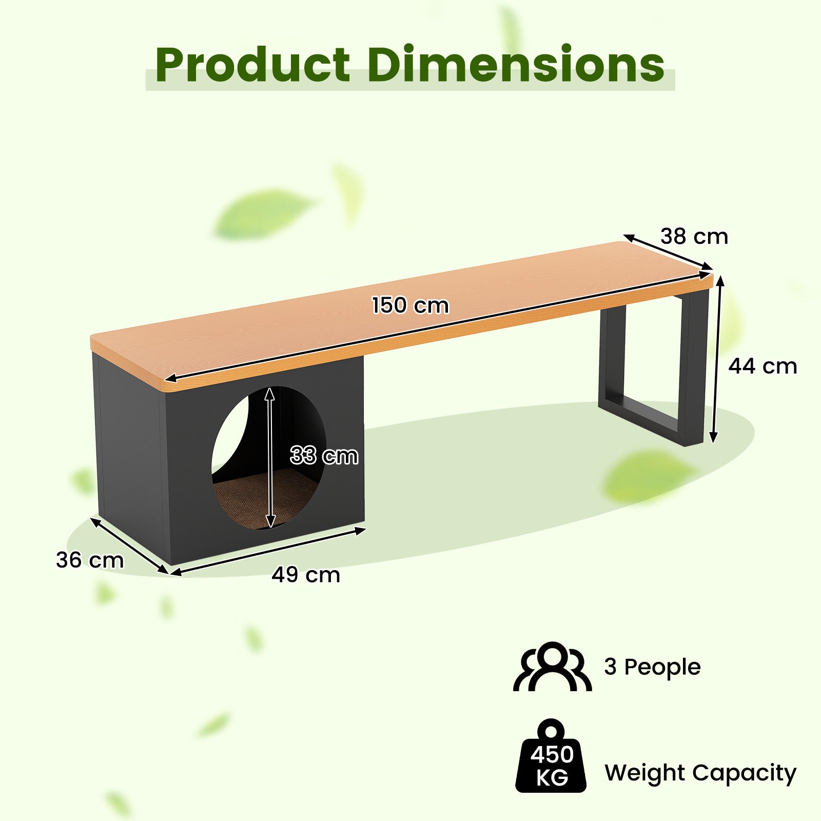 150 CM Long Outdoor Metal Bench with Cat House and 3-Person Seating-Coffee