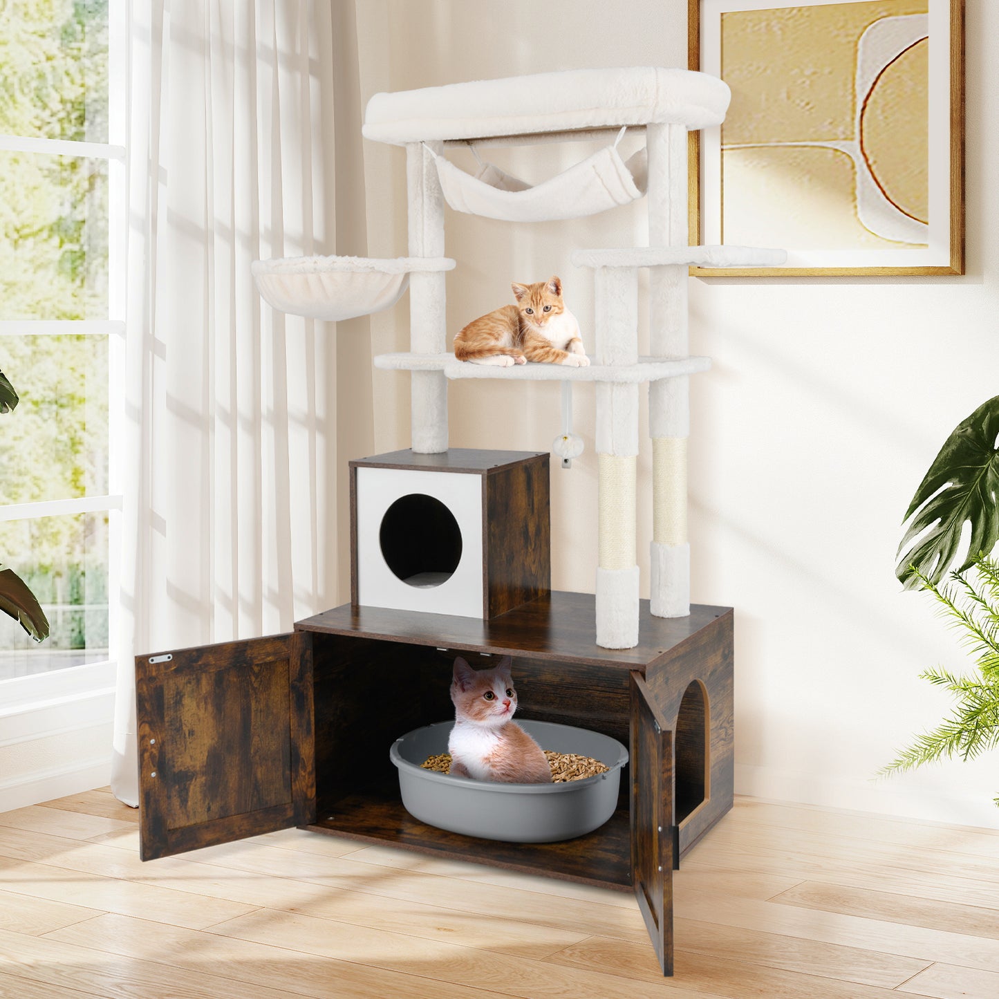 150 cm Cat Tree with Litter Box Enclosure Hidden Washroom-Brown