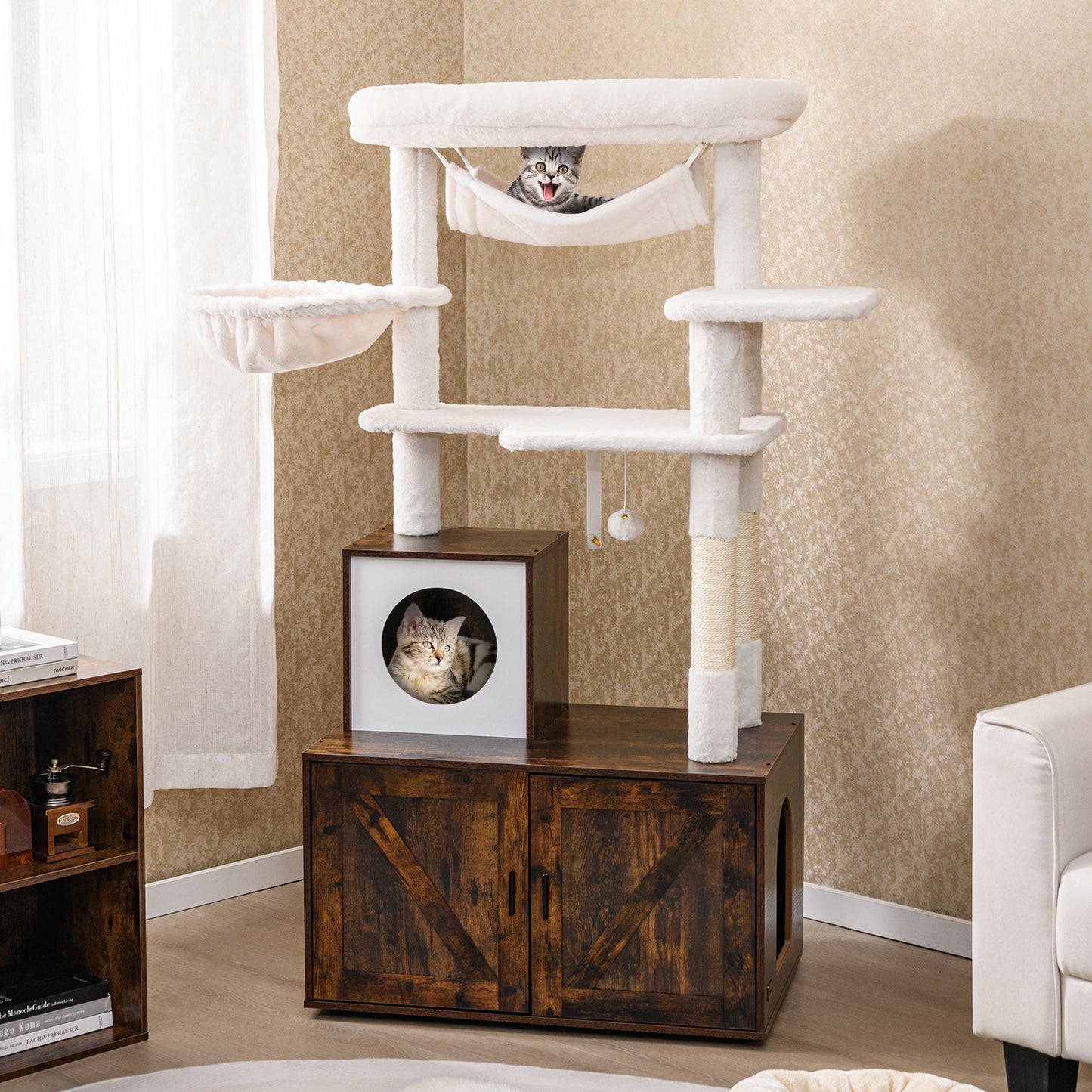 150 cm Cat Tree with Litter Box Enclosure Hidden Washroom-Brown
