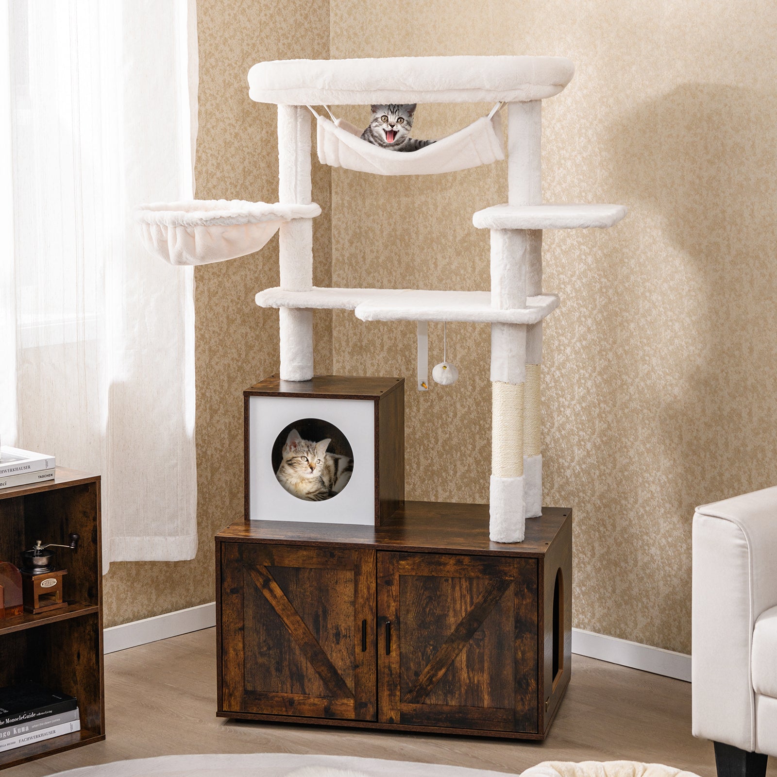 150 cm Cat Tree with Litter Box Enclosure Hidden Washroom-Brown