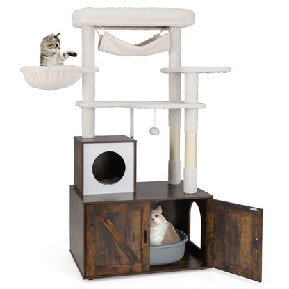 150 cm Cat Tree with Litter Box Enclosure Hidden Washroom-Brown