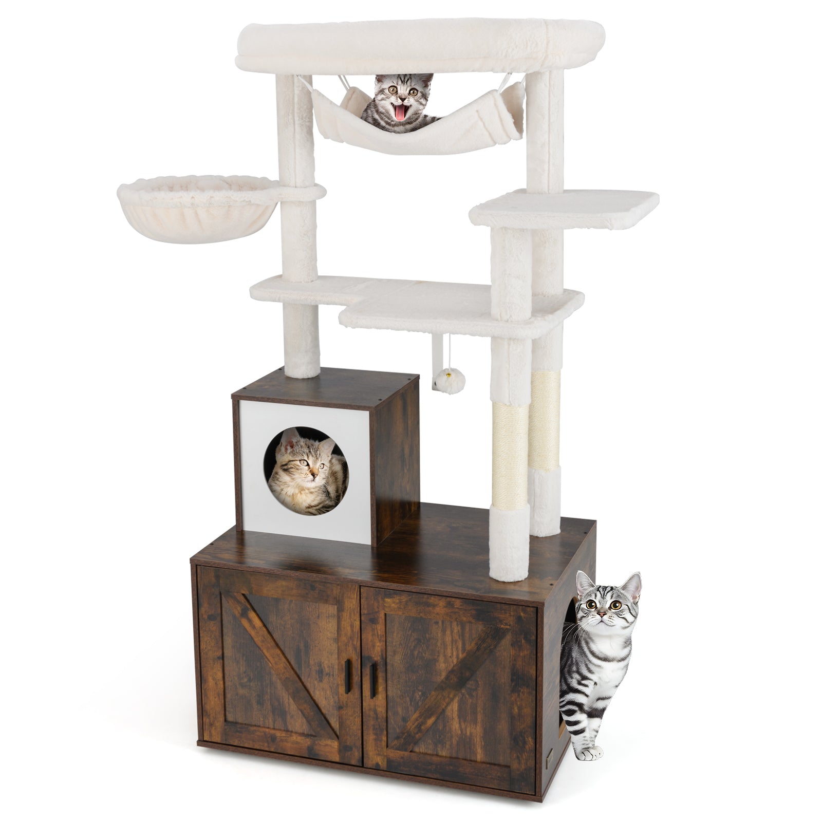 150 cm Cat Tree with Litter Box Enclosure Hidden Washroom-Brown