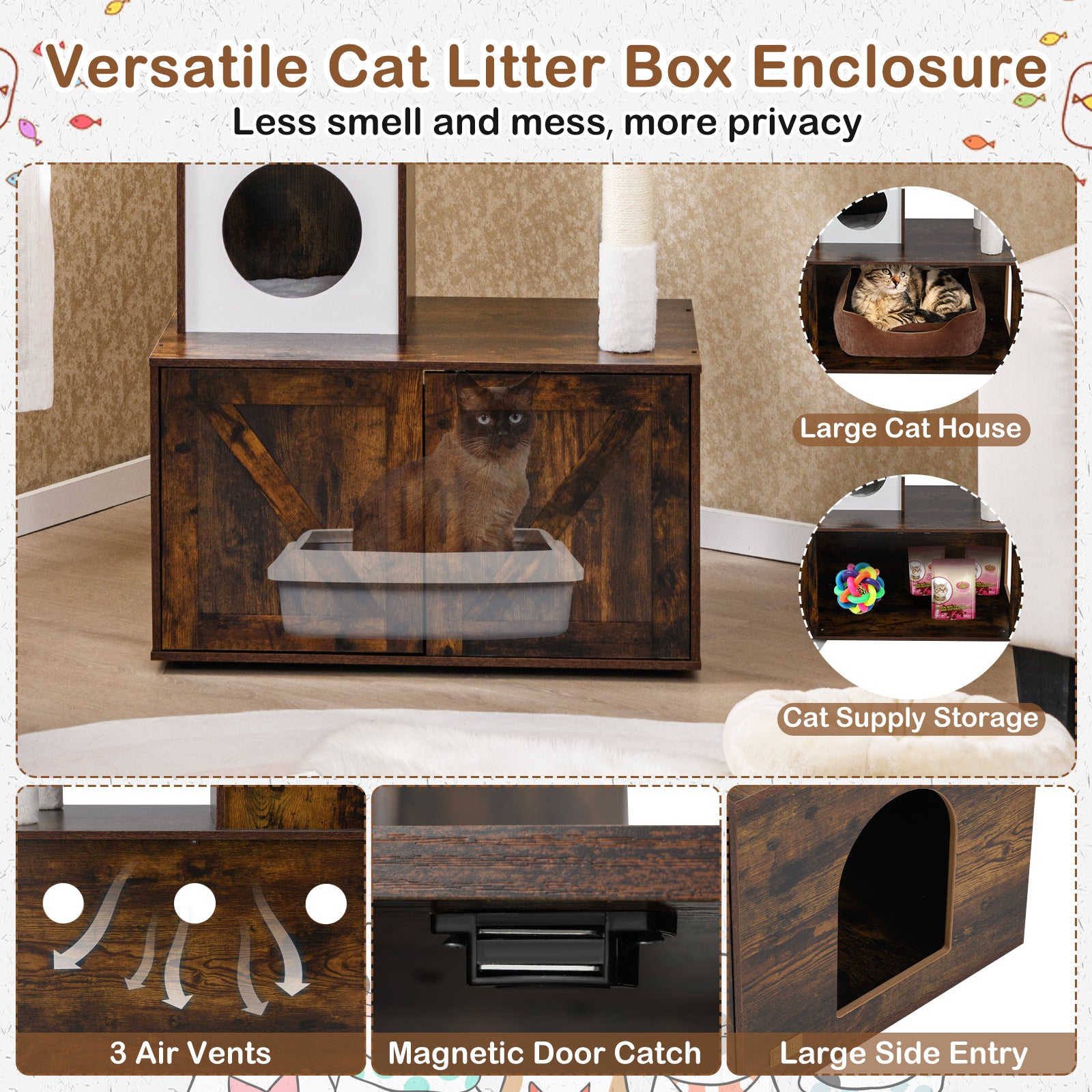 150 cm Cat Tree with Litter Box Enclosure Hidden Washroom-Brown