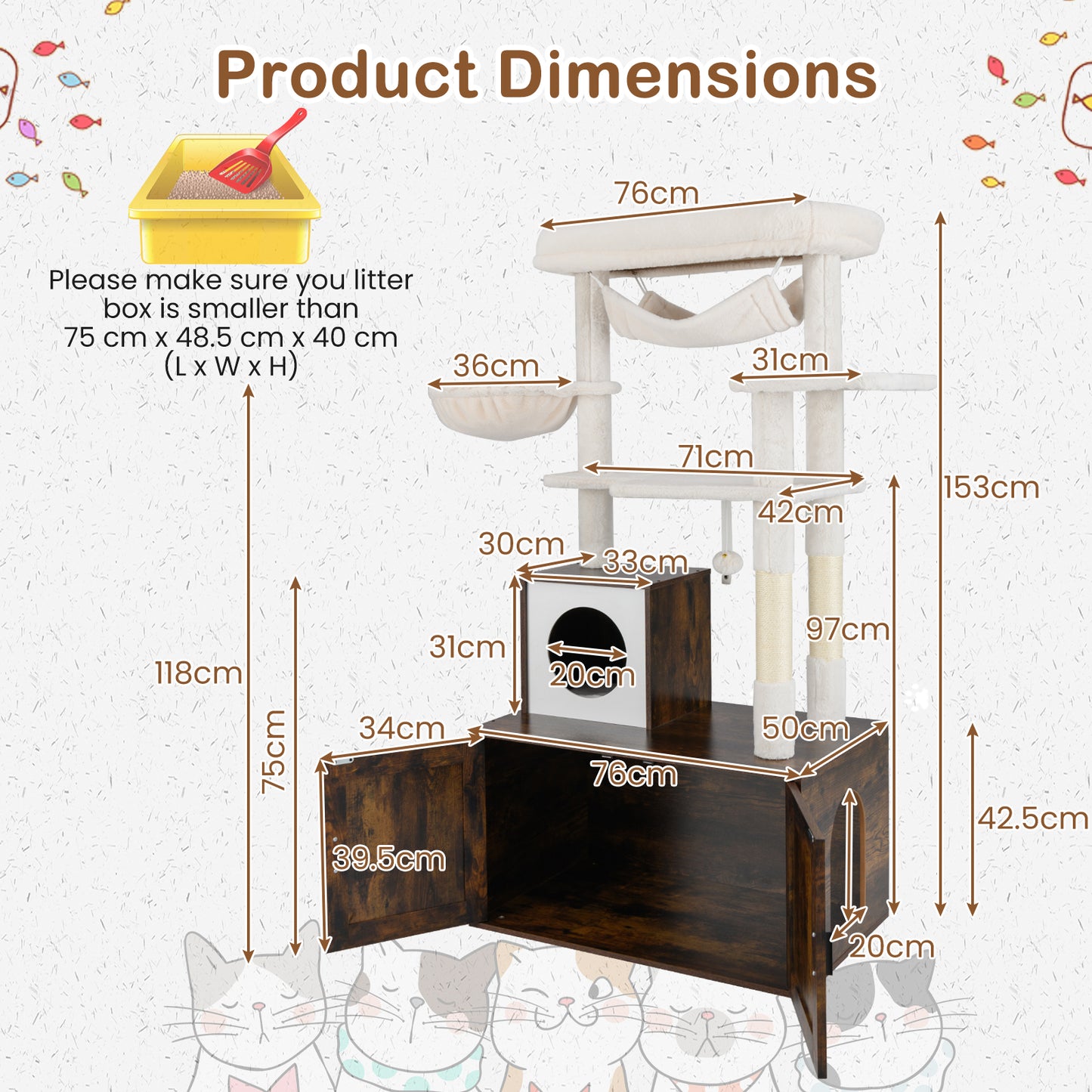 150 cm Cat Tree with Litter Box Enclosure Hidden Washroom-Brown